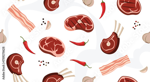 Seamless pattern of fresh meat cuts including steaks, lamb ribs, and bacon, enhanced by spices like chili peppers, garlic, and peppercorns.