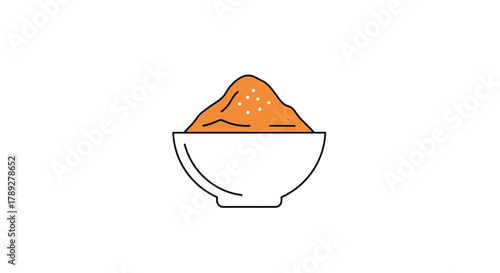 A simple line drawing depicts a bowl filled with a mound of orange powder, possibly a spice or seasoning, with subtle white speckles on top.