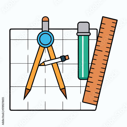 A set of drafting tools on graph paper, including rulers, compasses, pencils, and triangles, arranged neatly for precise design, geometry, and architectural sketches.
