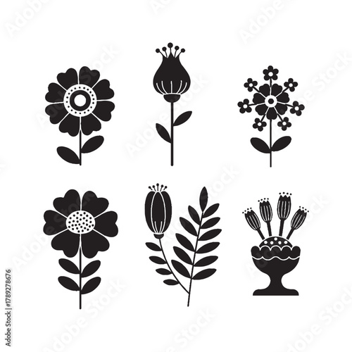 Flowers silhouette isolated, flowers in simple style.