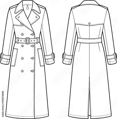Technical flat sketch trench coat, double breasted outerwear fashion design, garment construction, apparel template, vector CAD drawing, clothing outline illustration