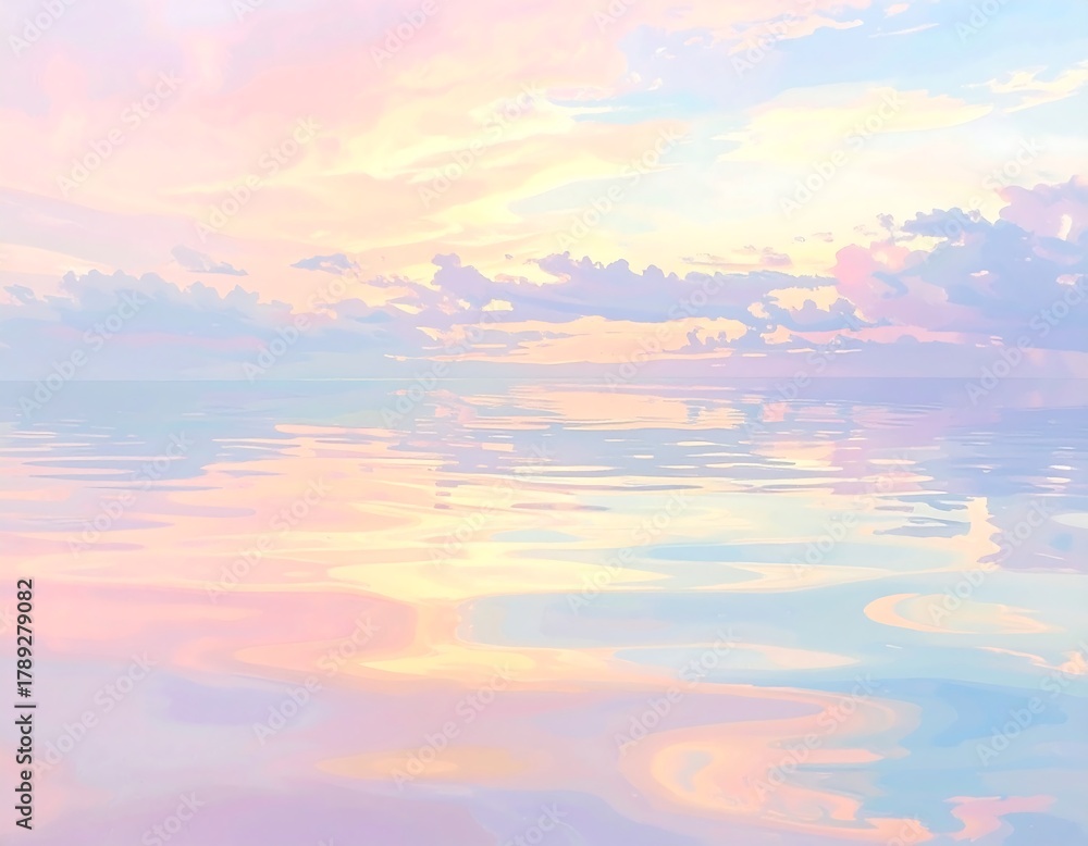 Naklejka premium A serene seascape reflecting a pastel-colored sky filled with fluffy clouds. Calm water mirrors the hues of pink, yellow, and blue