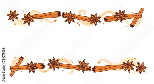 Elegant vector illustration featuring two decorative borders crafted from fragrant cinnamon sticks and star anise, perfect for culinary and festive designs.