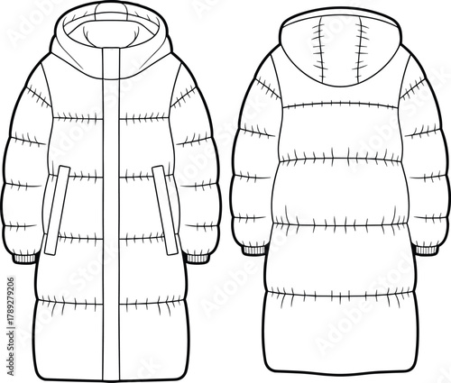 Technical flat sketch padded winter coat, hooded quilted outerwear design, garment construction, apparel template, vector CAD drawing, clothing outline illustration