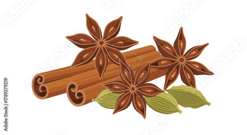 Vibrant illustration featuring a delightful blend of warm cinnamon sticks, exotic star anise, and fresh green cardamom pods on a white background.