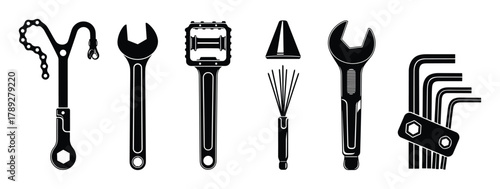 Bicycle repair accessories set. Various bike maintenance tools on white background.
