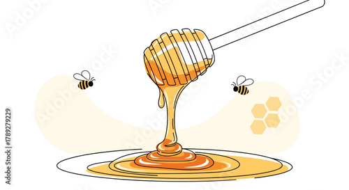 A honey dipper slowly drips golden honey into a sweet pool, with busy bees flying around a delicate honeycomb pattern.