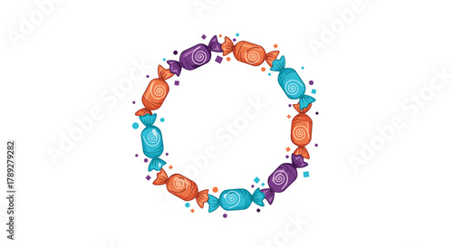 A festive circle border made of assorted colorful candies with swirling patterns and confetti on a white background.