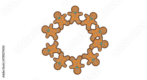 A festive circle of gingerbread men cookies with diverse expressions, some happy and some sad, holding hands in a symbol of unity.