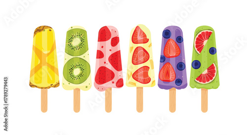Colorful and refreshing fruit popsicles in a row, showcasing various flavors like pineapple, kiwi, strawberry, blueberry, and grapefruit.
