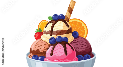 A delightful bowl of assorted ice cream scoops topped with fresh fruits, chocolate syrup, and a wafer stick, perfect for a summer dessert.