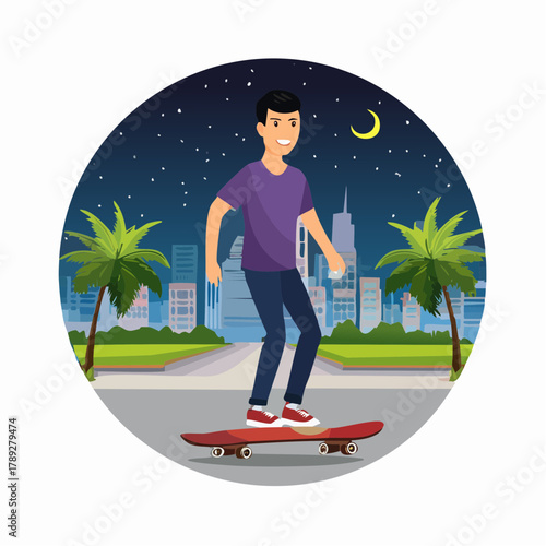 Young man skateboarding at night in a city park with palm trees and a skyline under a starry sky.