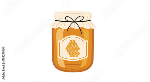 A simple, cartoon-style illustration of a glass jar filled with golden honey, featuring a honeycomb label and a fabric cap tied with a bow.