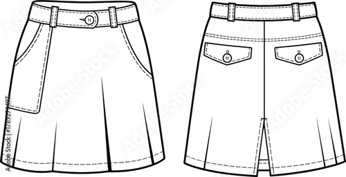 Women’s pleated skirt flat sketch, cad drawing flat vector illustration, fashion technical template with waistband, belt loops, pockets garment design
