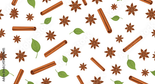 A delightful and aromatic seamless pattern featuring scattered cinnamon sticks, star anise pods, and fresh green leaves on a crisp white background.