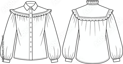 Technical flat sketch blouse, ruffle yoke fashion design, long sleeve garment construction, apparel template, vector CAD drawing, clothing outline illustration