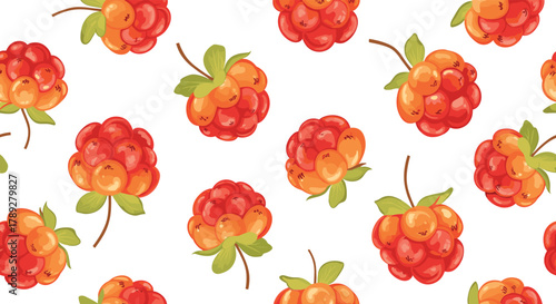 Hand-drawn seamless pattern of cloudberries, showcasing ripe red and golden-orange fruit with green leaves on a white background.
