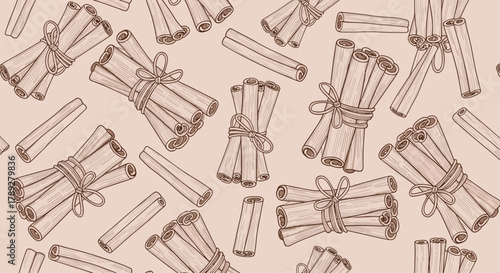 Seamless hand-drawn pattern of cinnamon sticks, some bundled with string, scattered on a warm beige background, perfect for spice-themed designs.
