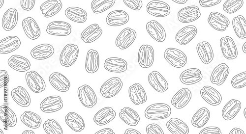 Hand-drawn seamless pattern of various pecan nuts scattered across a clean white background, ideal for textile, food packaging, or wallpaper designs.