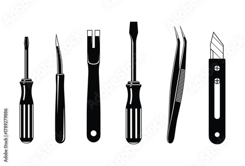 Black silhouettes of repair tools. Screwdrivers, tweezers and utility knife.
