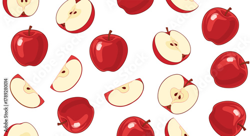 A vibrant seamless pattern featuring whole red apples, some sliced and halved, scattered beautifully across a clean white background.
