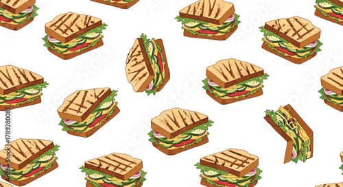 A delightful seamless pattern featuring a variety of grilled, vegetable-filled sandwiches on toasted bread, perfect for food-related designs and backgrounds.