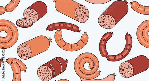Seamless pattern of various delicious sausages and cold cuts, including sliced salami, frankfurters, and ring sausages, on a light blue background.