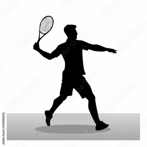 A black silhouette of a male tennis player in action, holding a racket and preparing to hit the ball on a white background.
