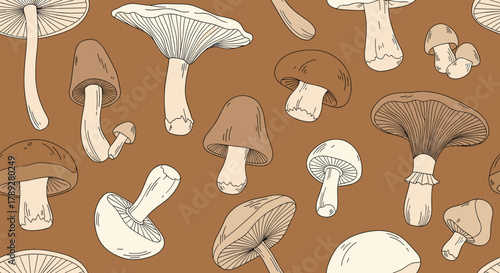 A charming seamless pattern featuring an array of hand-drawn mushroom illustrations in earthy tones, perfect for rustic designs and nature themes.