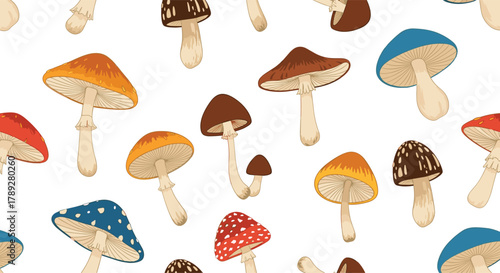 Whimsical seamless pattern of colorful cartoon mushrooms with various shapes and spots, ideal for playful designs and autumn themes.