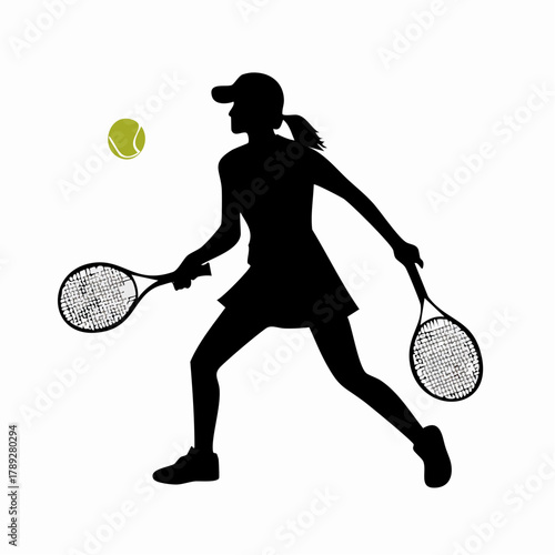 Silhouette of a female tennis player in action, holding two rackets with a tennis ball in the air.