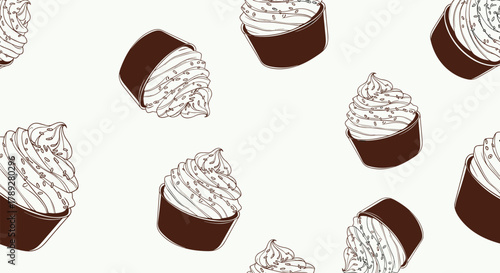Hand-drawn seamless pattern of delicious cupcakes with frosting and sprinkles on a light background, perfect for sweet treats and confectionery designs.