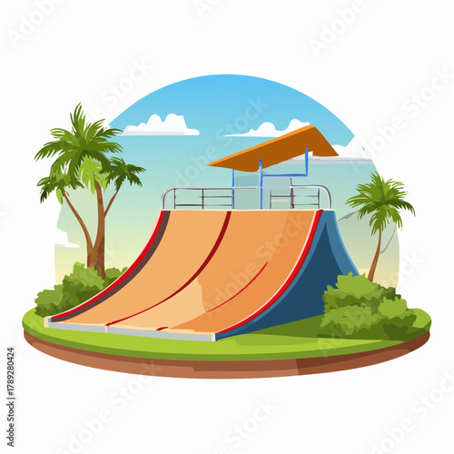 Vibrant cartoon illustration of an outdoor skate park ramp with palm trees and lush greenery under a clear blue sky.