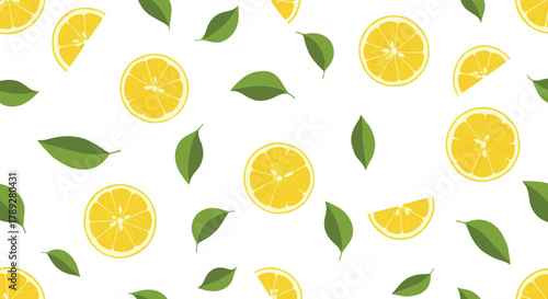 A vibrant and fresh seamless pattern featuring bright yellow lemon slices and fresh green leaves scattered on a clean white background.