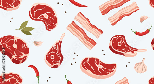 A seamless pattern of fresh raw meat cuts, including steaks, bacon, and lamb chops, alongside cooking spices like chili, garlic, and bay leaves.