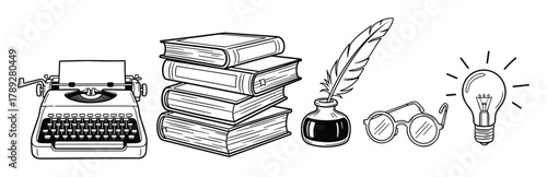Classic typewriter books inkwell feather quill glasses and light bulb for education