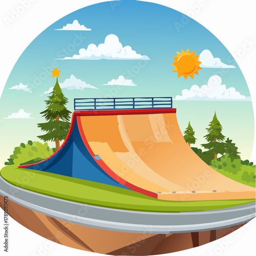 A cartoon illustration of a vibrant outdoor skate park with a large half-pipe under a sunny sky and green trees.