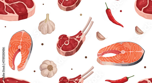 Seamless pattern of fresh raw ingredients for cooking, featuring various meat cuts, salmon steaks, whole garlic, chili peppers, and spices.