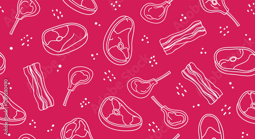 Seamless pattern of outlined raw meat cuts like steaks, bacon strips, and lamb chops on a vibrant pink background for food and butchery designs.