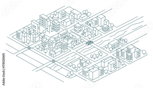 City map isometric view. Outlined urban landscape. Town plan with buildings and streets.