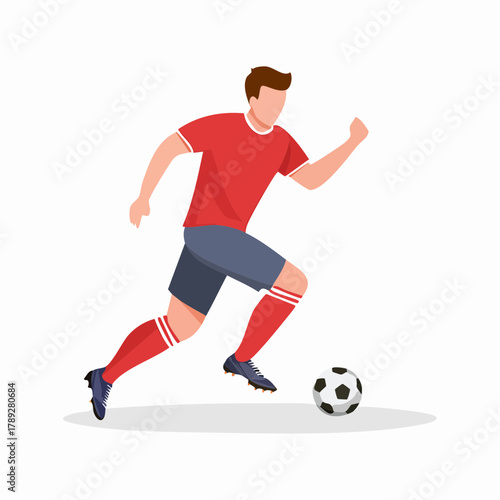 A male soccer player in a red jersey and blue shorts running with a soccer ball on a white background.