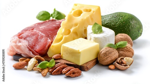 Keto diet ingredients, cheese, meat, butter, nuts, avocado, isolated on white background, 8k high resolution. 