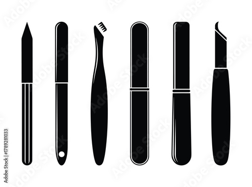 Collection of black silhouette nail care instruments. Essential accessories for personal grooming.