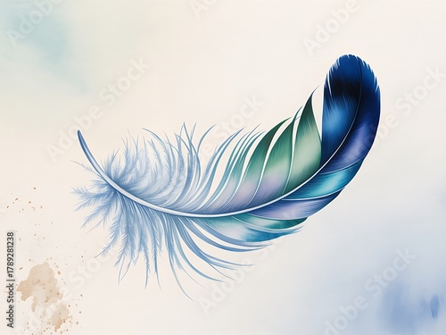 Delicate watercolor feather with blue and green hues