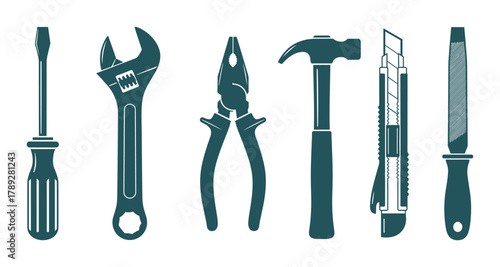 Collection of common hand tools including screwdriver, wrench, pliers, hammer, cutter, and file