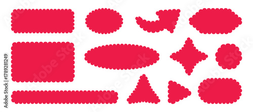 Collection of decorative scalloped shapes, frames, and banners in vibrant red color for design