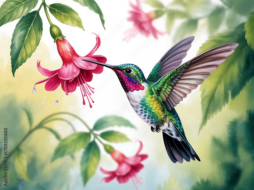 Fototapeta premium Hummingbird feeding on a vibrant pink fuchsia flower