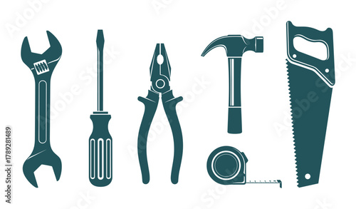 Collection of hand tools wrench screwdriver pliers hammer tape measure saw for construction repair