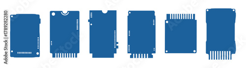 Collection of electronic circuit board shields. Isolated blue components, Vector illustration