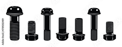 Collection of various metal bolts and fasteners, industrial hardware, black and white illustration